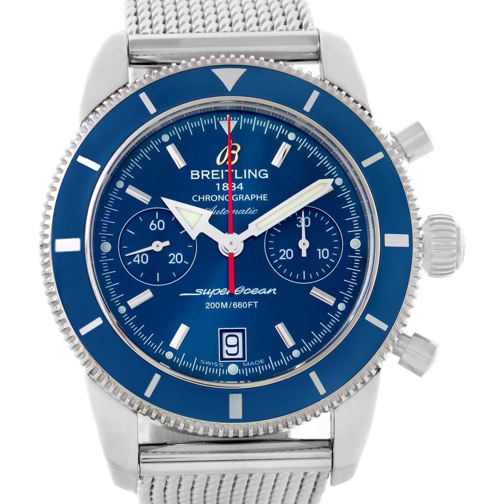 The image shows a frontal view of a Breitling Superocean A23370 Men's Stainless Steel Blue Dial A23370 Men's Stainless Steel Blue Dial chronograph watch with a blue dial and a stainless steel mesh strap.