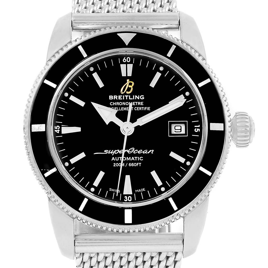 The image shows a front view of a Breitling Superocean A17321 Men's Stainless Steel Black Dial A17321 Men's Stainless Steel Black Dial watch, displaying its face, bezel, crown, and part of its metal band.