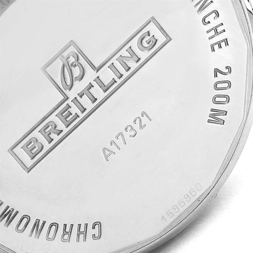 This image shows the back of a Breitling Superocean A17321 Men's Stainless Steel Black Dial A17321 Men's Stainless Steel Black Dial watch, highlighting the brand name, model number A17321, and water resistance rating of 200m.