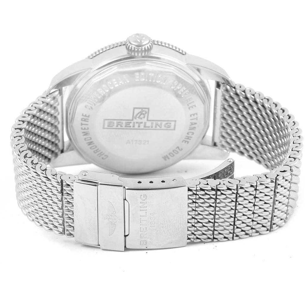 This image shows the back case and metal bracelet of a Breitling Superocean A17321 Men's Stainless Steel Black Dial A17321 Men's Stainless Steel Black Dial watch, featuring inscriptions and a clasp.