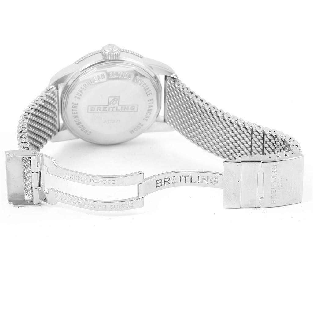 This image shows the Breitling Superocean A17321 Men's Stainless Steel Black Dial A17321 Men's Stainless Steel Black Dial watch from the back with its mesh strap and deployment clasp open.