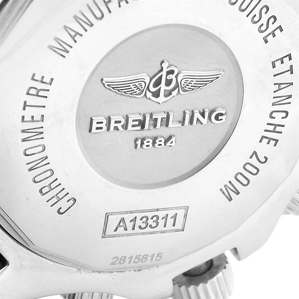 This image shows the back case of the Breitling Superocean A13311 Men's Stainless Steel Blue Dial A13311 Men's Stainless Steel Blue Dial watch, highlighting the brand logo, serial numbers, and model details.
