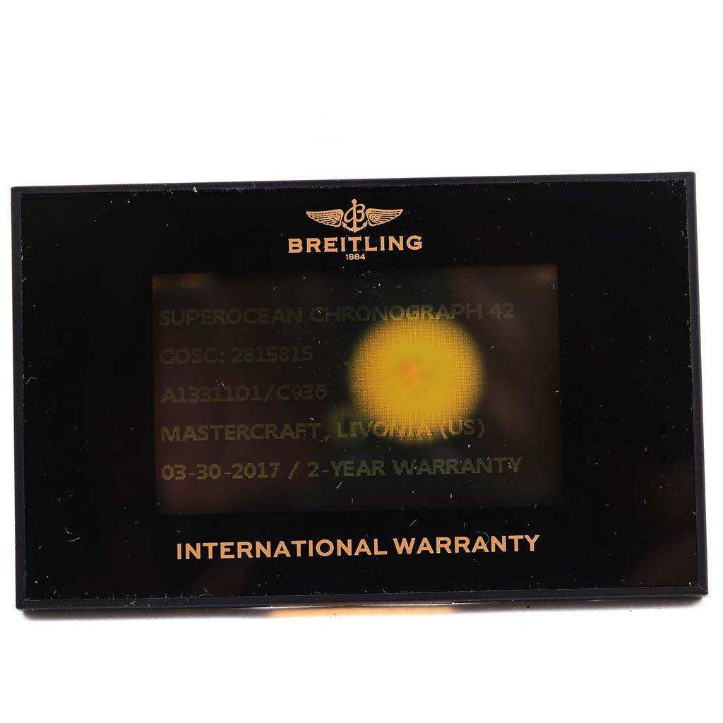 The image shows the International Warranty card for the Breitling Superocean A13311 Men's Stainless Steel Blue Dial A13311 Men's Stainless Steel Blue Dial Chronograph 42 model.