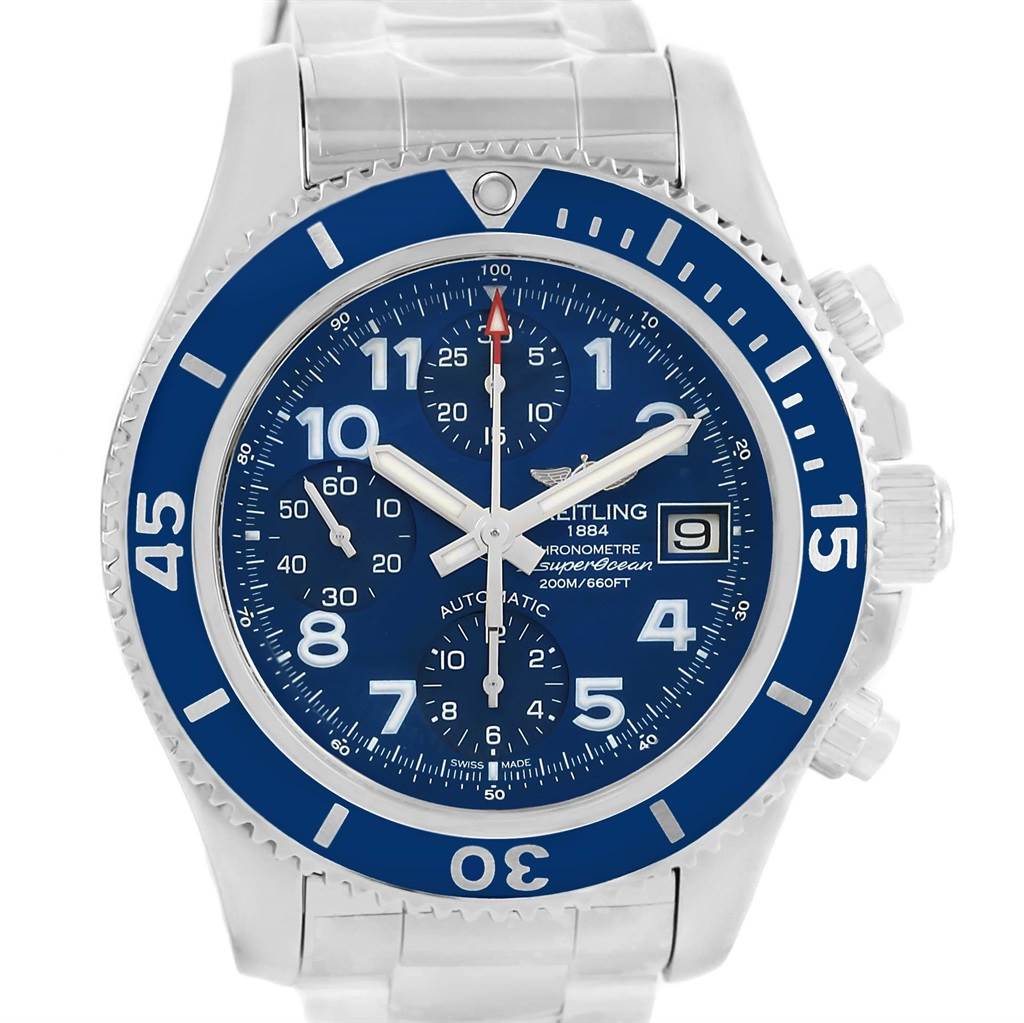 The image shows a front view of a Breitling Superocean A13311 Men's Stainless Steel Blue Dial A13311 Men's Stainless Steel Blue Dial watch with a blue bezel, chronograph, and metal bracelet.