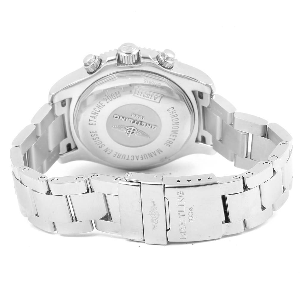 The image shows the back case and bracelet of a Breitling Superocean A13311 Men's Stainless Steel Blue Dial A13311 Men's Stainless Steel Blue Dial watch at a rear angle.