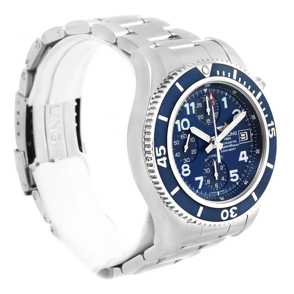 The image shows a side and front angle of a Breitling Superocean A13311 Men's Stainless Steel Blue Dial A13311 Men's Stainless Steel Blue Dial watch with a blue dial and stainless steel bracelet.