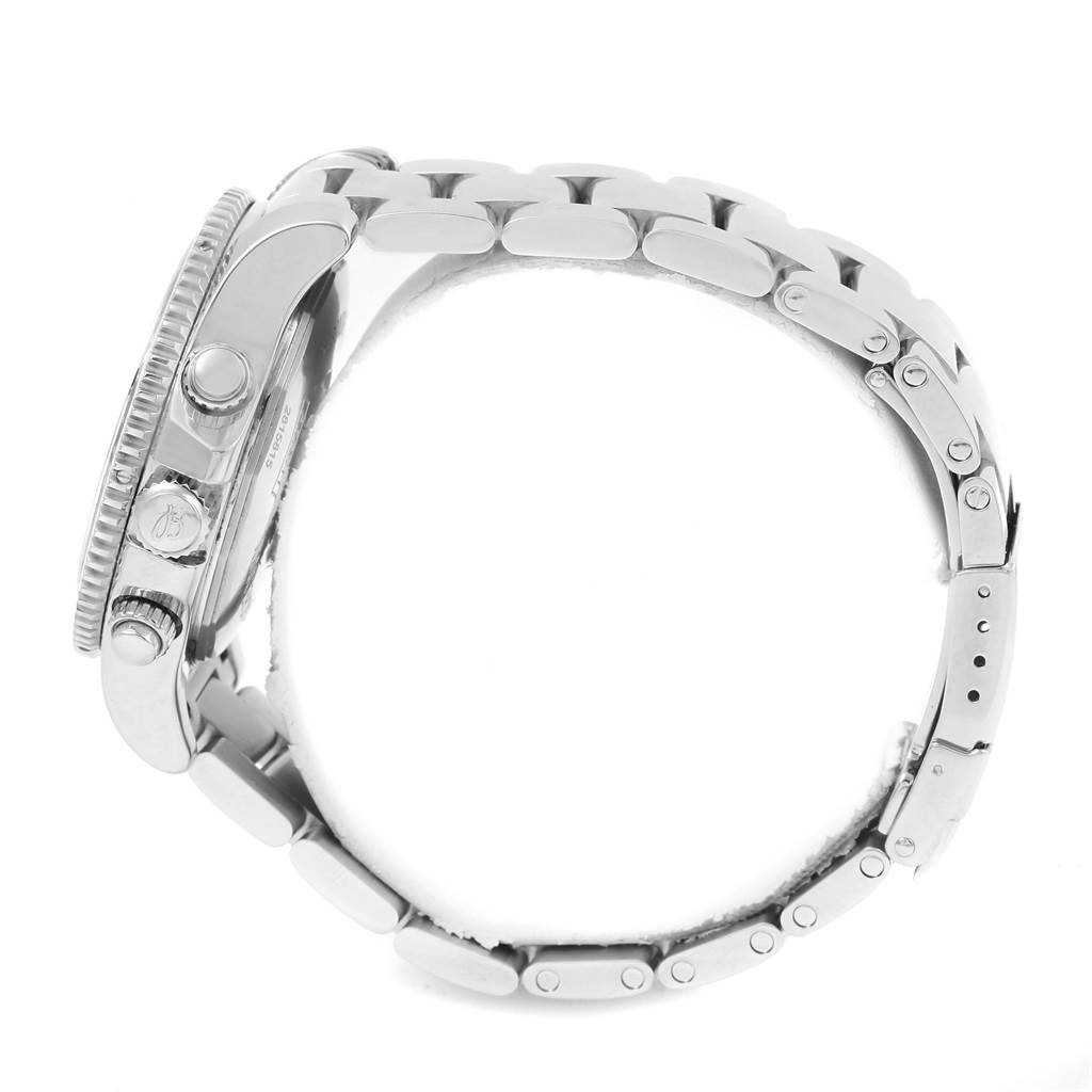 This side view of the Breitling Superocean A13311 Men's Stainless Steel Blue Dial A13311 Men's Stainless Steel Blue Dial watch showcases the bezel, crown, pushers, and a portion of the bracelet.