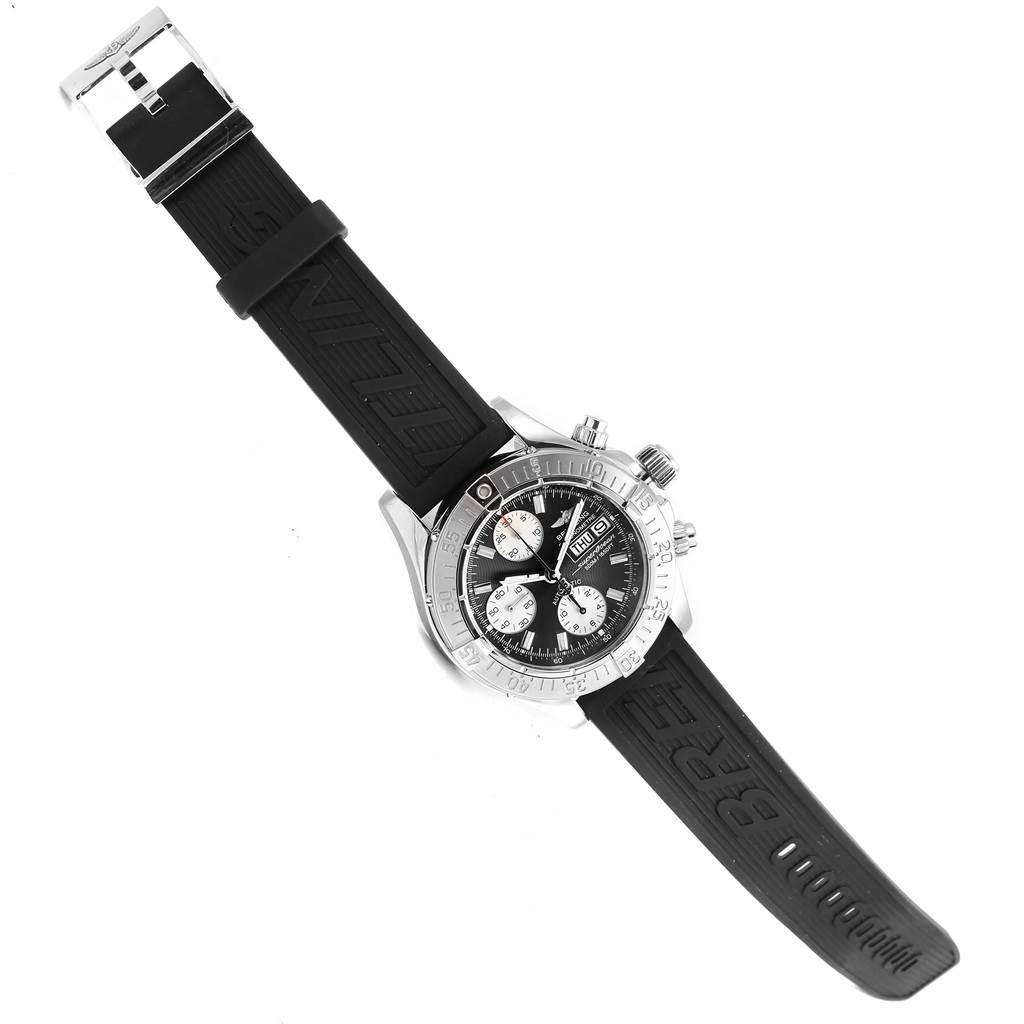The image shows a Breitling Superocean A13340 Men's Stainless Steel Black Dial A13340 Men's Stainless Steel Black Dial watch from a top-down angle, featuring its dial, bezel, and black rubber strap.