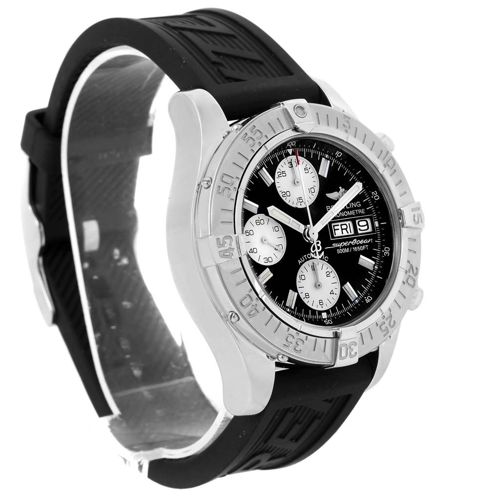 The Breitling Superocean A13340 Men's Stainless Steel Black Dial A13340 Men's Stainless Steel Black Dial watch is shown at a front diagonal angle, highlighting its black dial, bezel, and rubber strap.