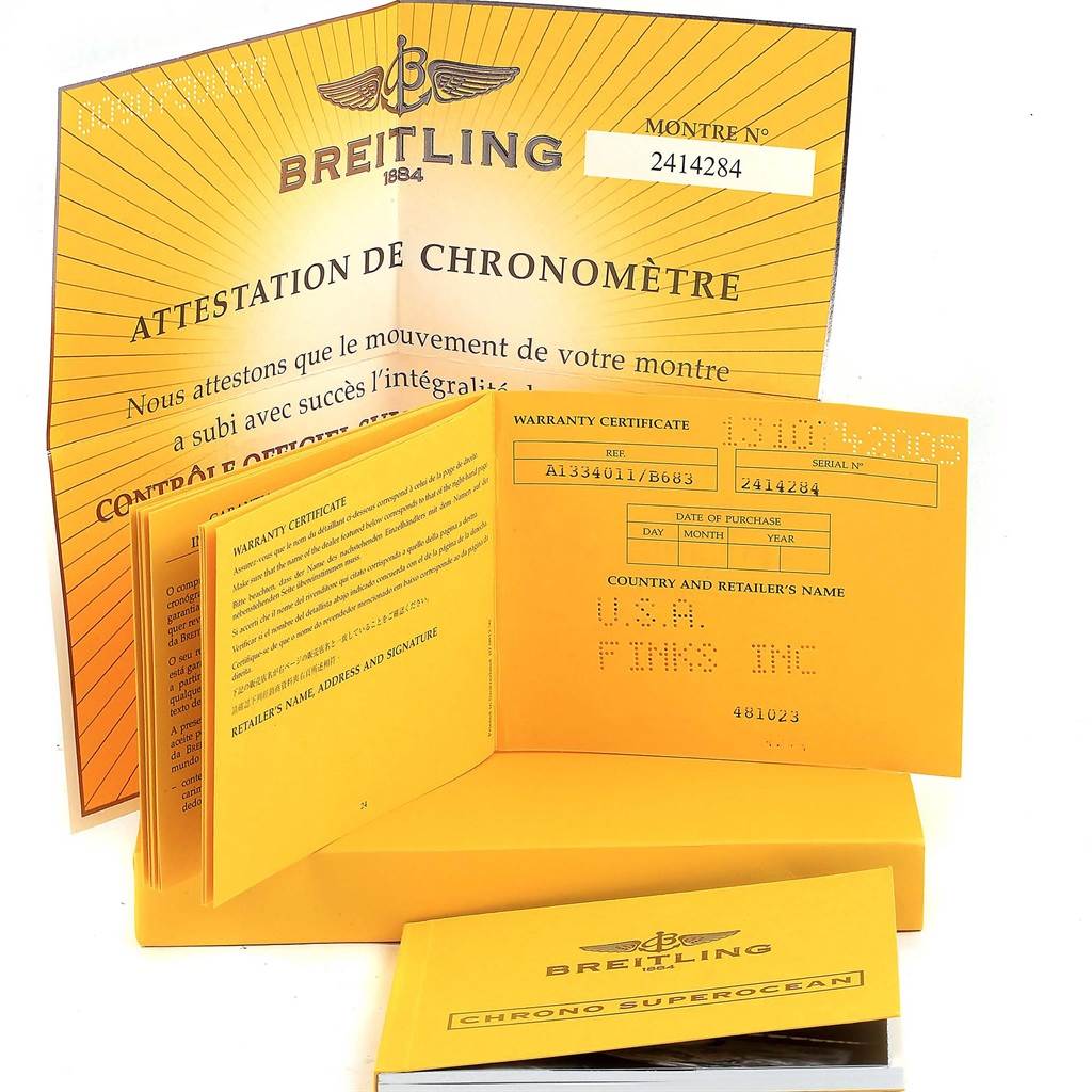 The image shows the warranty certificate and chronometer attestation for a Breitling Superocean A13340 Men's Stainless Steel Black Dial A13340 Men's Stainless Steel Black Dial watch.