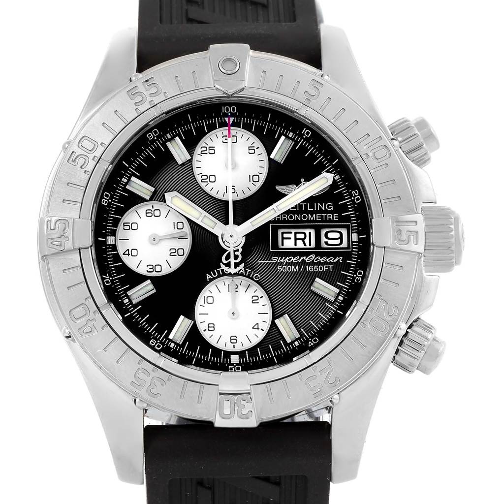 The Breitling Superocean A13340 Men's Stainless Steel Black Dial A13340 Men's Stainless Steel Black Dial watch is shown from a front angle, highlighting the bezel, dial, subdials, hands, and crown.