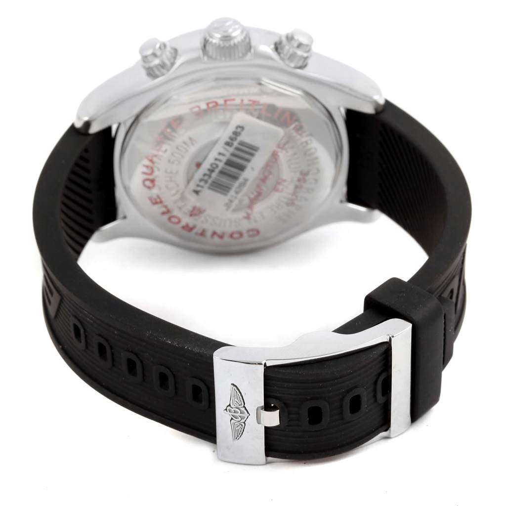 The image shows the back case and strap of a Breitling Superocean A13340 Men's Stainless Steel Black Dial A13340 Men's Stainless Steel Black Dial watch, with the deployment clasp and case back detail visible.