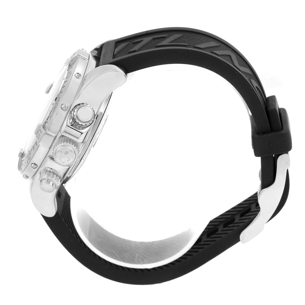 The image shows a side view of the Breitling Superocean A13340 Men's Stainless Steel Black Dial A13340 Men's Stainless Steel Black Dial watch, featuring the case, crown, pushers, and black strap.