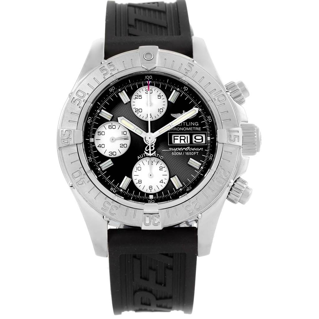 The Breitling Superocean A13340 Men's Stainless Steel Black Dial A13340 Men's Stainless Steel Black Dial watch is shown from the front, highlighting its dial, bezel, and black rubber strap.