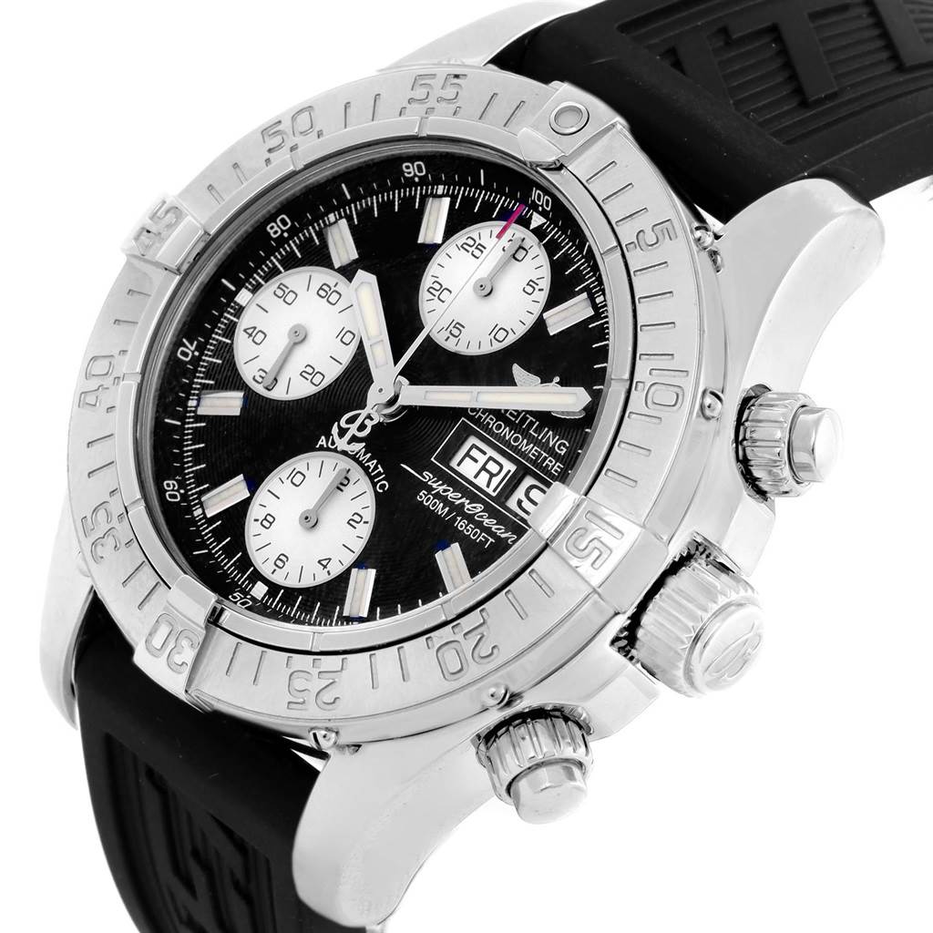 This image shows a close-up angle of the Breitling Superocean A13340 Men's Stainless Steel Black Dial A13340 Men's Stainless Steel Black Dial watch, highlighting the dial, bezel, crown, and sub-dials.