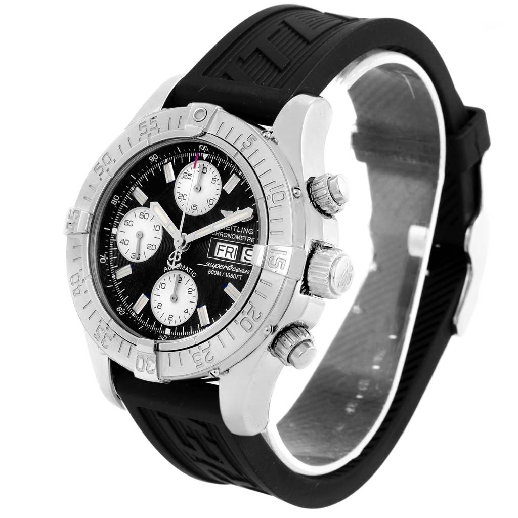 The Breitling Superocean A13340 Men's Stainless Steel Black Dial A13340 Men's Stainless Steel Black Dial watch is shown at a three-quarter angle, highlighting its bezel, dial, chronograph subdials, and rubber strap.