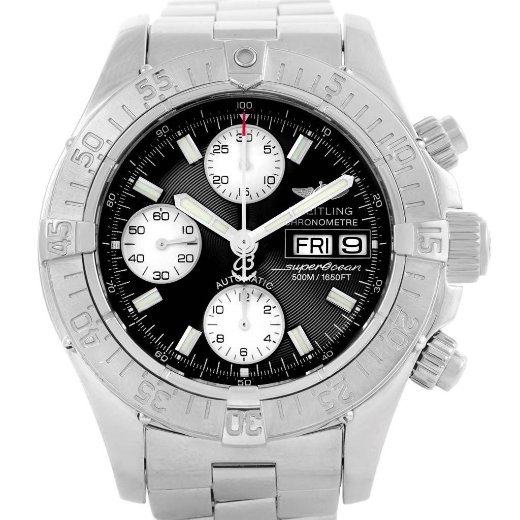 This image shows a front view of the Breitling Superocean A13340 Men's Stainless Steel Black Dial A13340 Men's Stainless Steel Black Dial watch, highlighting its dial, bezel, lugs, and bracelet.