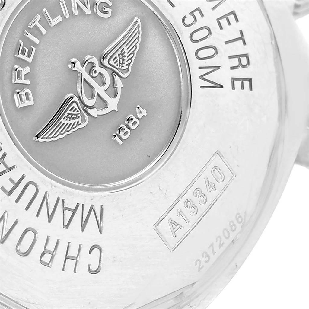 This image shows the case back of a Breitling Superocean A13340 Men's Stainless Steel Black Dial A13340 Men's Stainless Steel Black Dial watch, featuring the brand logo, model information, and other engravings.