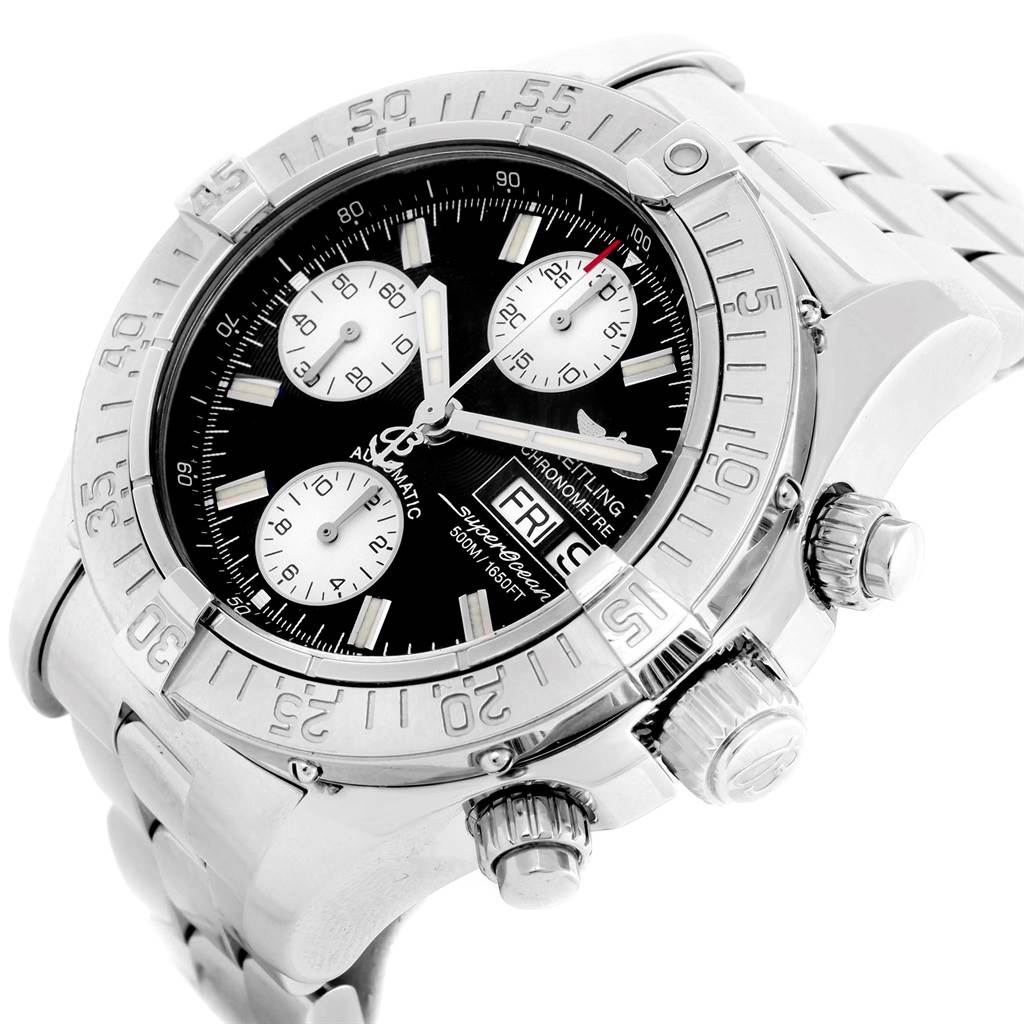 This Breitling Superocean A13340 Men's Stainless Steel Black Dial A13340 Men's Stainless Steel Black Dial model watch is shown at a front angle, highlighting its bezel, subdials, and crown.