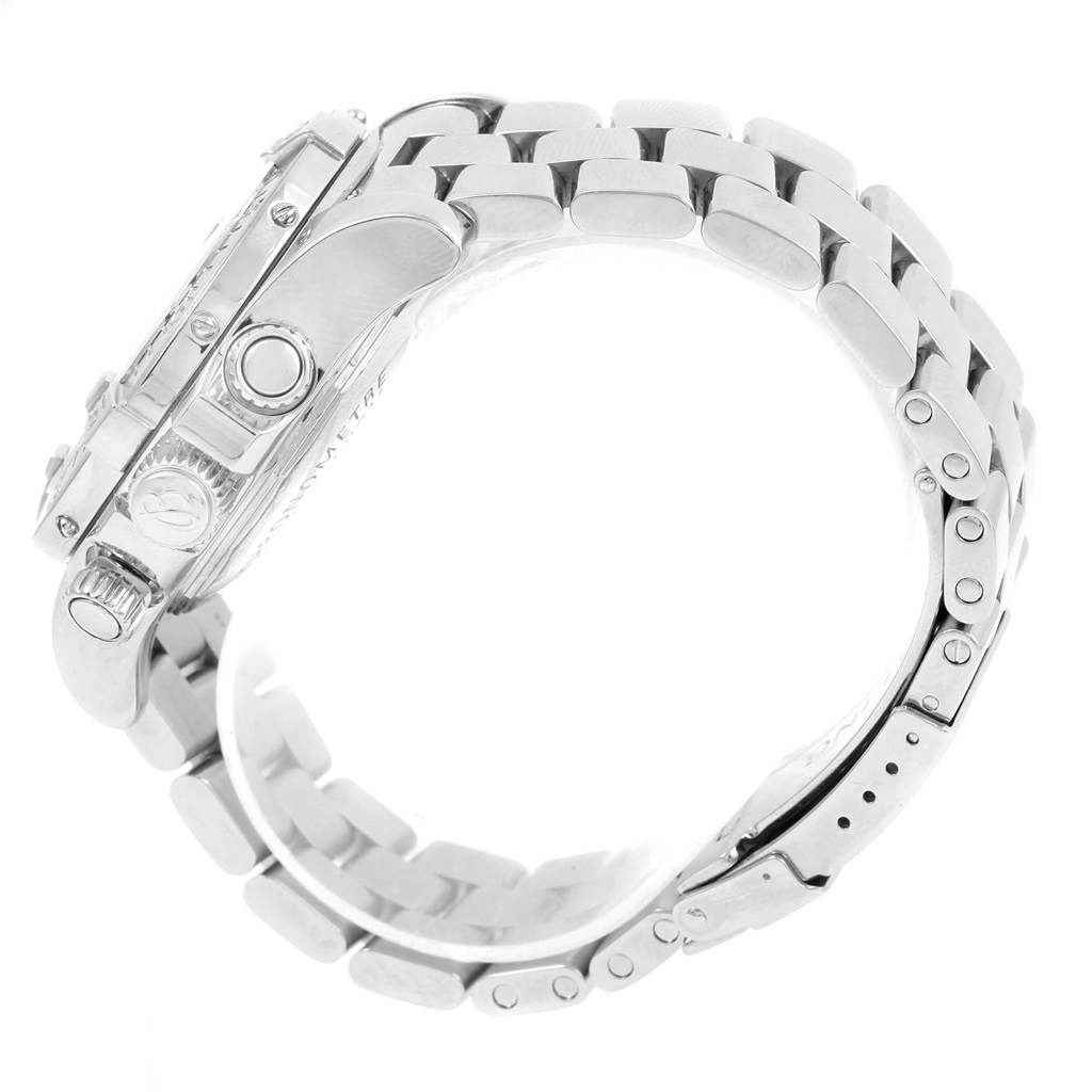 The image shows a side view of the Breitling Superocean A13340 Men's Stainless Steel Black Dial A13340 Men's Stainless Steel Black Dial watch, highlighting the crown, pushers, and stainless steel bracelet.