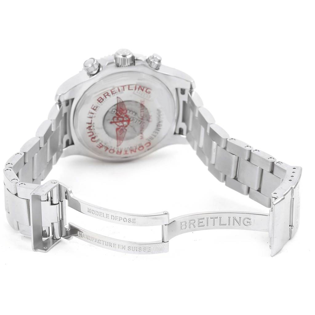 The image shows the backside and partially opened metal bracelet clasp of a Breitling Superocean A13311 Men's Stainless Steel Black Dial A13311 Men's Stainless Steel Black Dial watch.