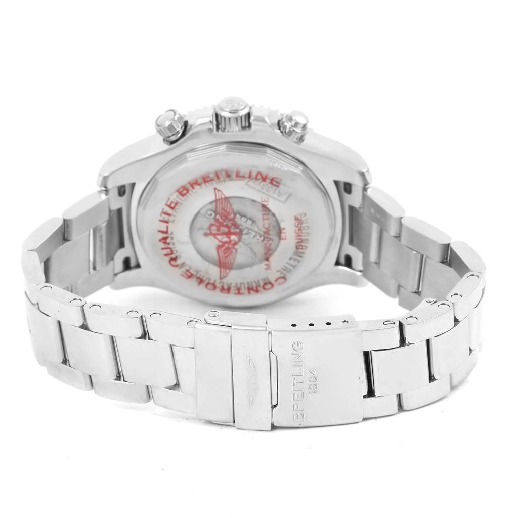 The image shows the back view of a Breitling Superocean A13311 Men's Stainless Steel Black Dial A13311 Men's Stainless Steel Black Dial watch, highlighting its clasp and bracelet.