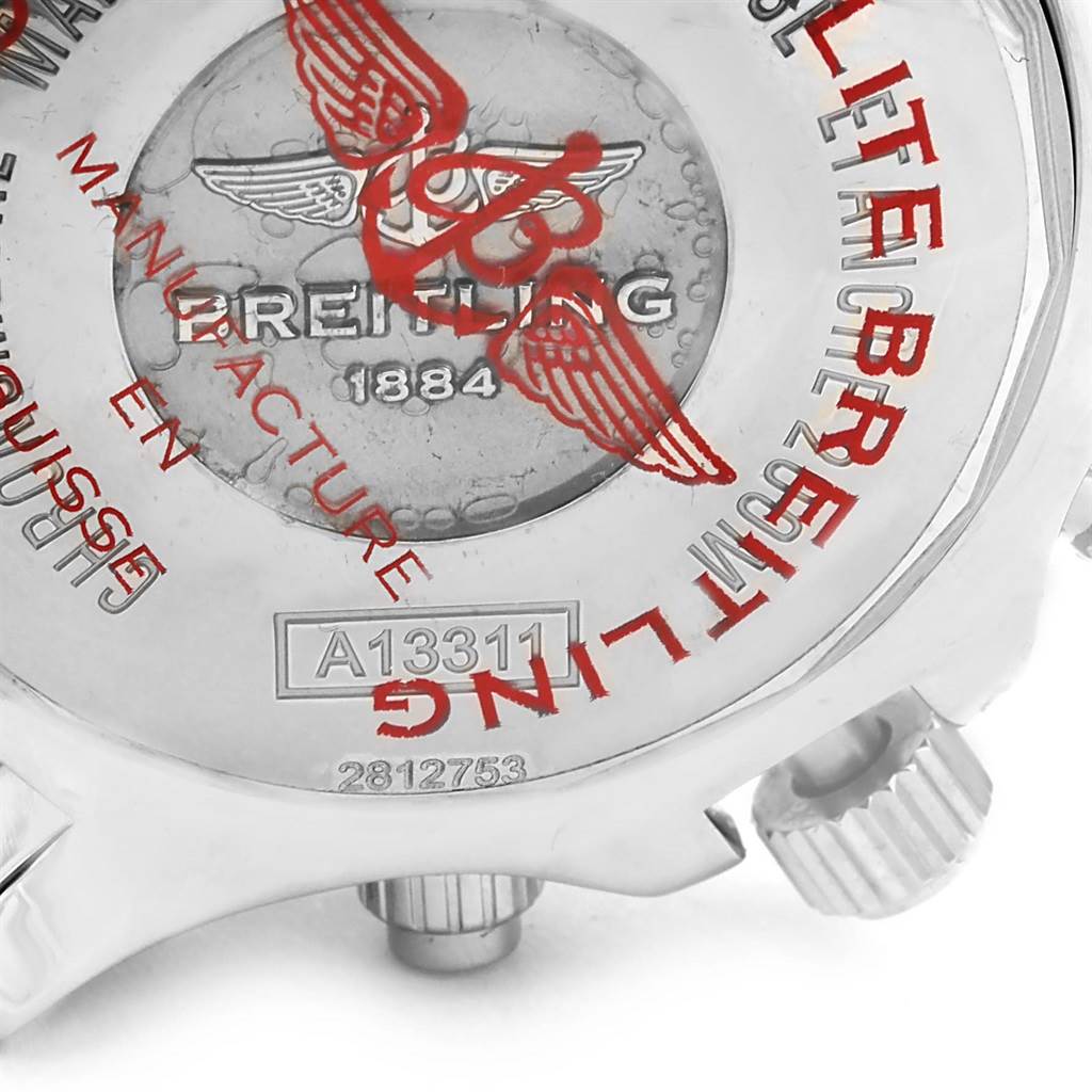 The image shows the back case and crown of a Breitling Superocean A13311 Men's Stainless Steel Black Dial A13311 Men's Stainless Steel Black Dial watch, highlighting the brand's logo and model number.