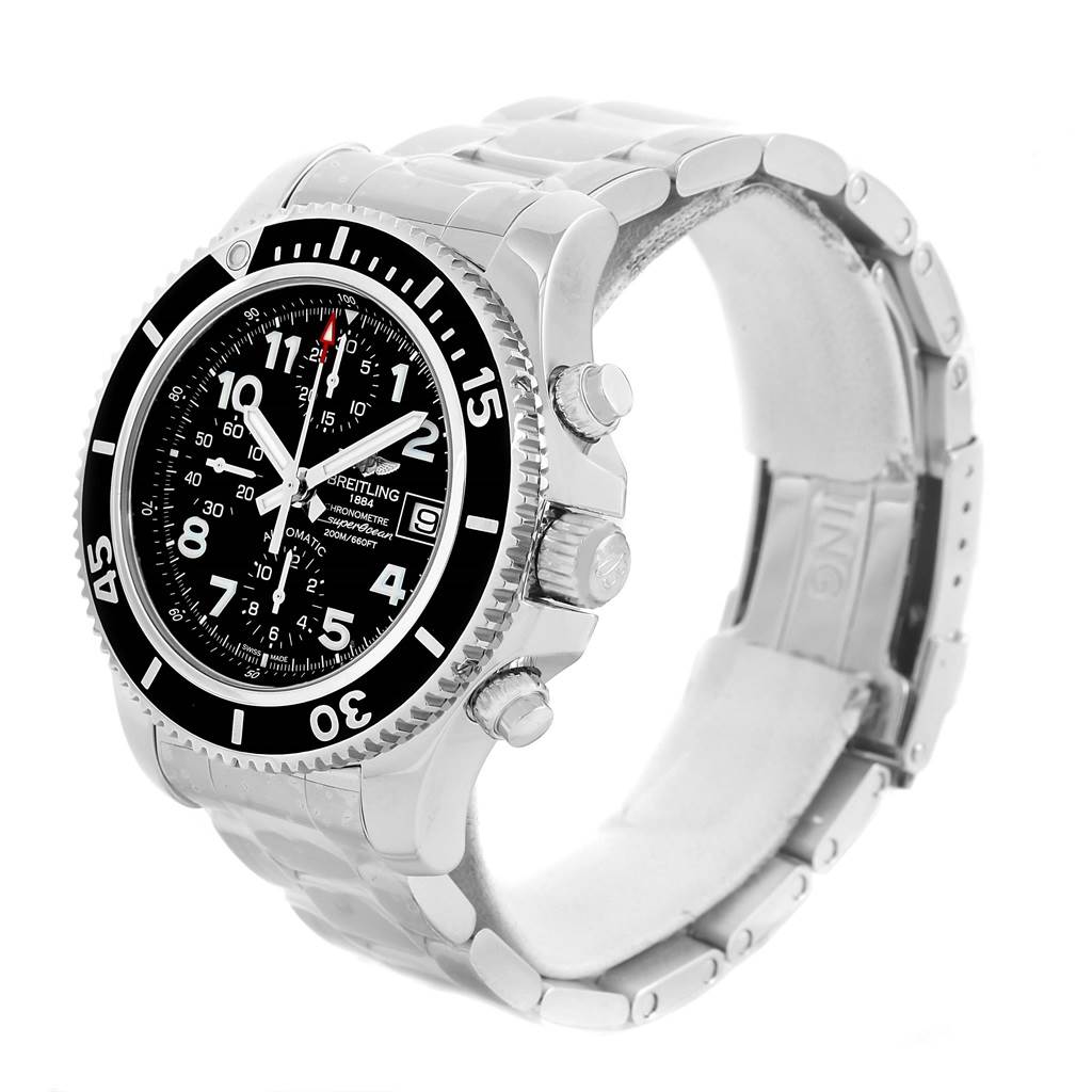 The image shows a Breitling Superocean A13311 Men's Stainless Steel Black Dial A13311 Men's Stainless Steel Black Dial watch from a three-quarter angle, highlighting the dial, bezel, crown, and metal bracelet.
