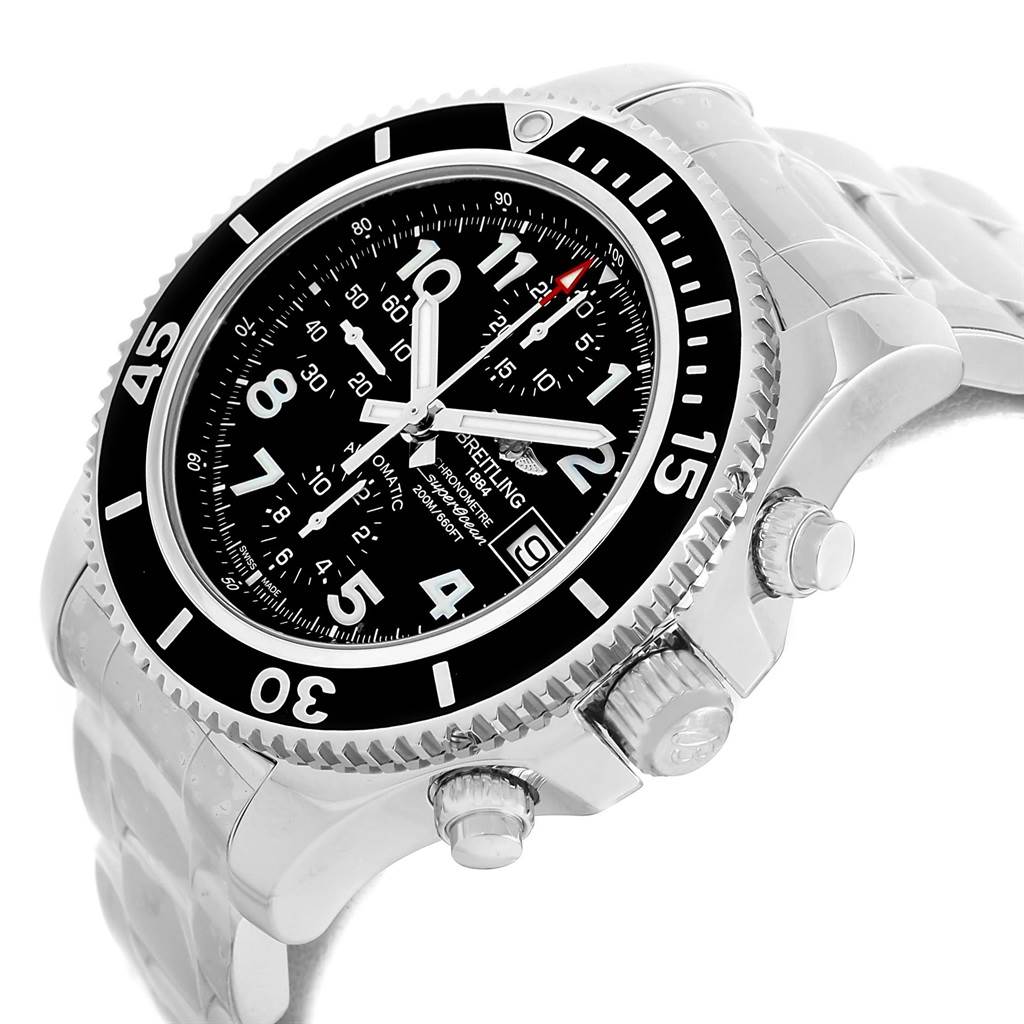 The Breitling Superocean A13311 Men's Stainless Steel Black Dial A13311 Men's Stainless Steel Black Dial watch is shown from a front-side angle displaying the dial, bezel, crown, and part of the bracelet.