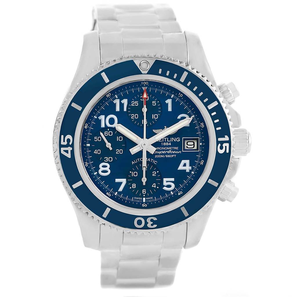 The image shows a front view of a Breitling Superocean A13311 Men's Stainless Steel Blue Dial A13311 Men's Stainless Steel Blue Dial watch, highlighting its blue dial, bezel, and silver band.