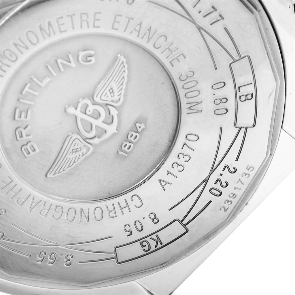 The image shows the back casing of a Breitling Avenger A13370 Men's Stainless Steel Blue Dial A13370 Men's Stainless Steel Blue Dial watch, displaying engravings and details like "CHRONOGRAPHE" and "ETAANCHE 300M."