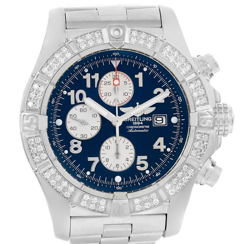 This is a frontal view of a Breitling Avenger A13370 Men's Stainless Steel Blue Dial A13370 Men's Stainless Steel Blue Dial watch showcasing its blue dial, chronograph subdials, and a bezel with diamond accents.