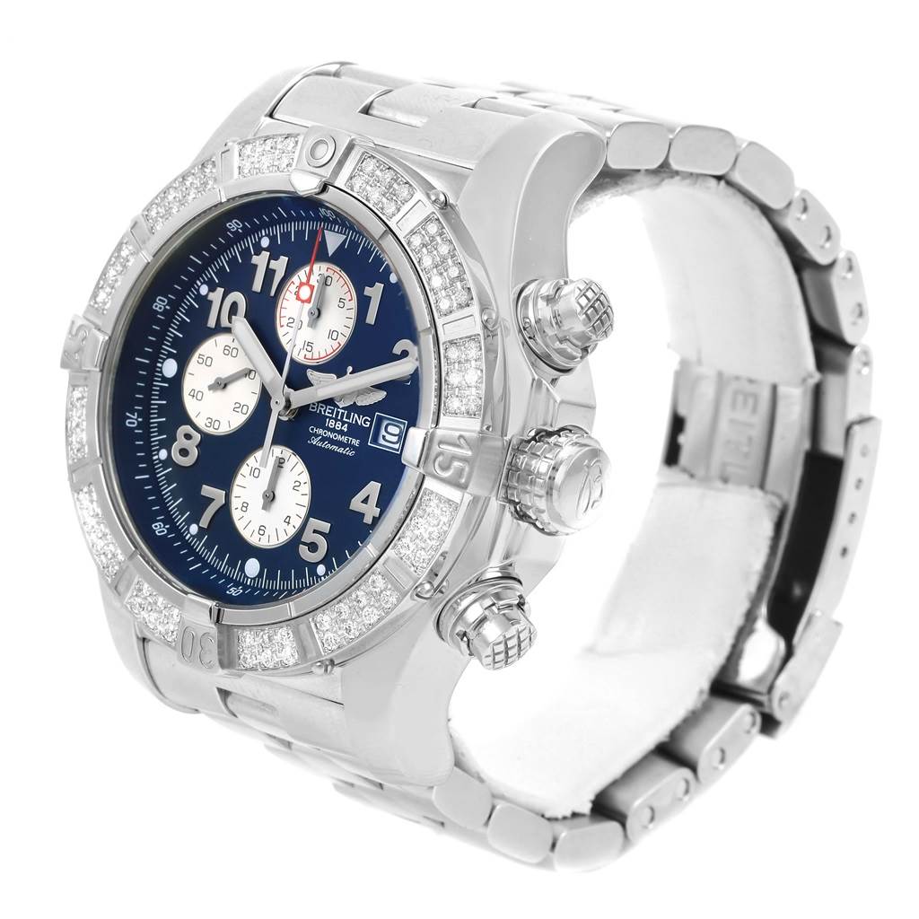 The image shows a side angle of the Breitling Avenger A13370 Men's Stainless Steel Blue Dial A13370 Men's Stainless Steel Blue Dial watch, highlighting its bezel, crown, chronograph pushers, and bracelet.