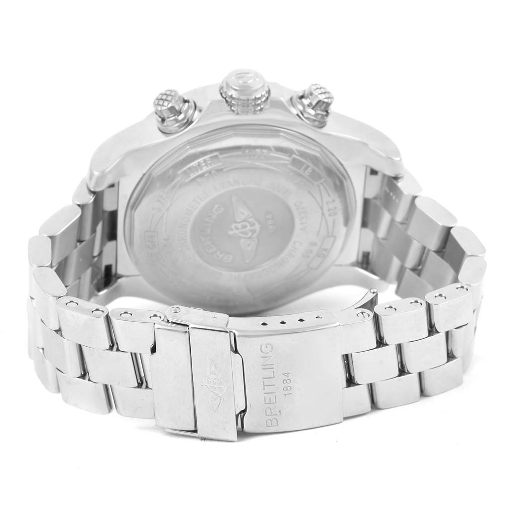 The image shows the back and side of a Breitling Avenger A13370 Men's Stainless Steel Blue Dial A13370 Men's Stainless Steel Blue Dial watch, highlighting its clasp, case back, and chronograph pushers.