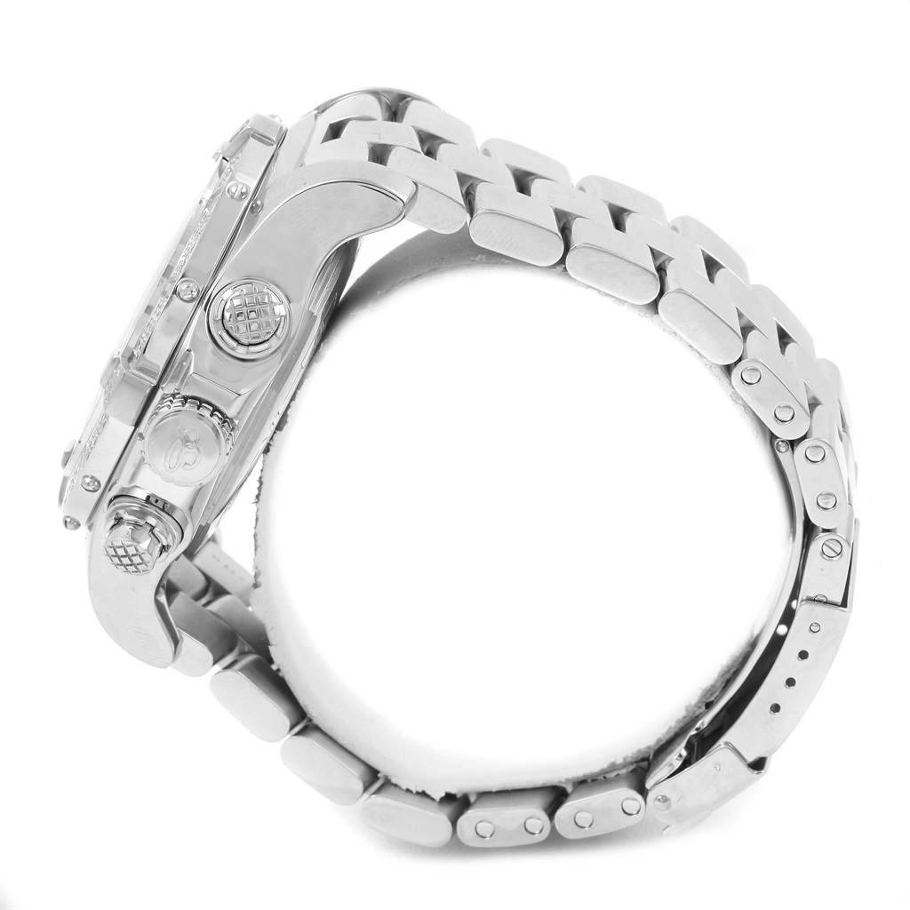 The image shows a side view of the Breitling Avenger A13370 Men's Stainless Steel Blue Dial A13370 Men's Stainless Steel Blue Dial watch, highlighting its crown, pushers, and bracelet.