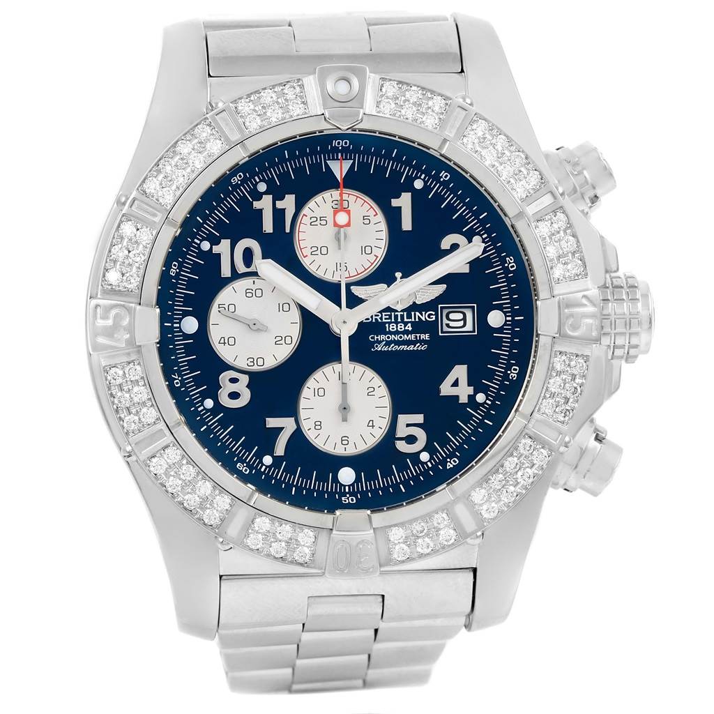 This image shows a front view of a Breitling Avenger A13370 Men's Stainless Steel Blue Dial A13370 Men's Stainless Steel Blue Dial watch, highlighting the dial, subdials, date window, and diamond-set bezel.