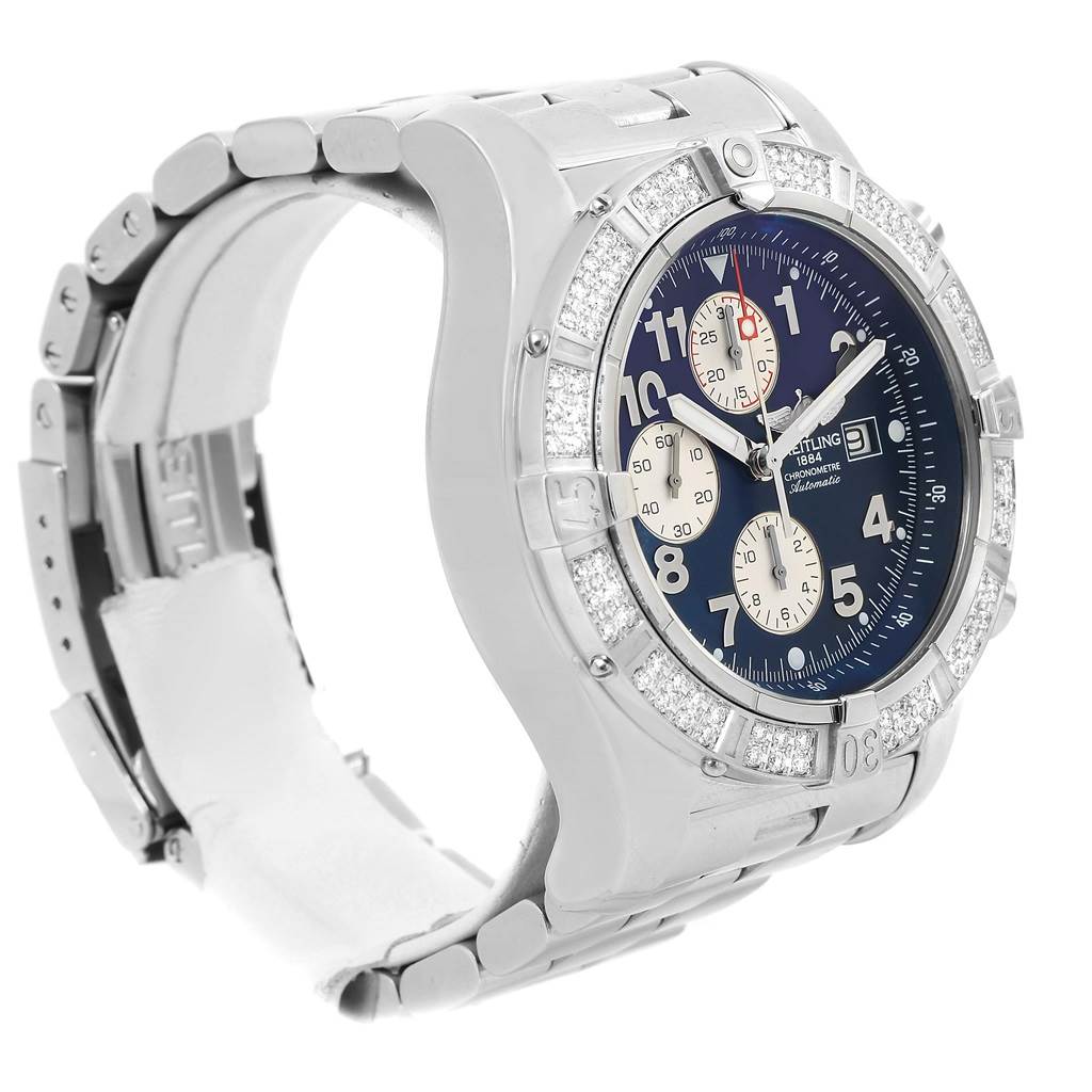 The Avenger model by Breitling is shown at an angled side view, highlighting the dial, bezel, and part of the bracelet.