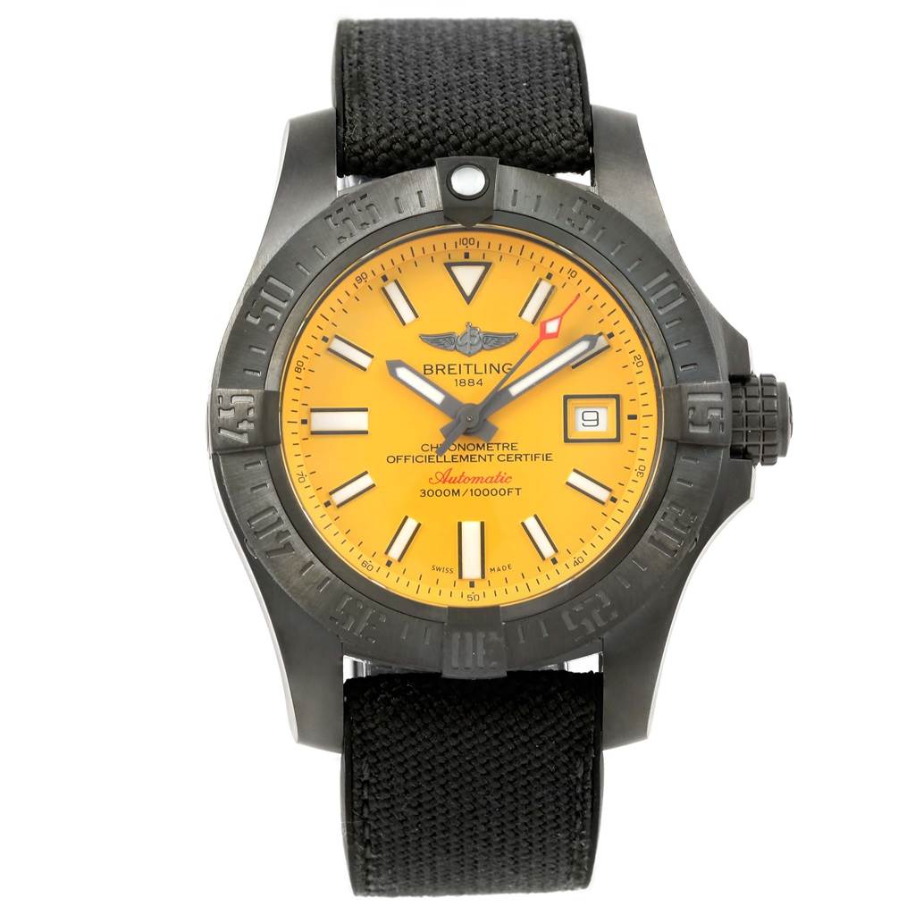 The image shows a front view of a Breitling Avenger M17331 Men's Stainless Steel Yellow Dial M17331 Men's Stainless Steel Yellow Dial watch with a yellow dial, black bezel, and black fabric strap.