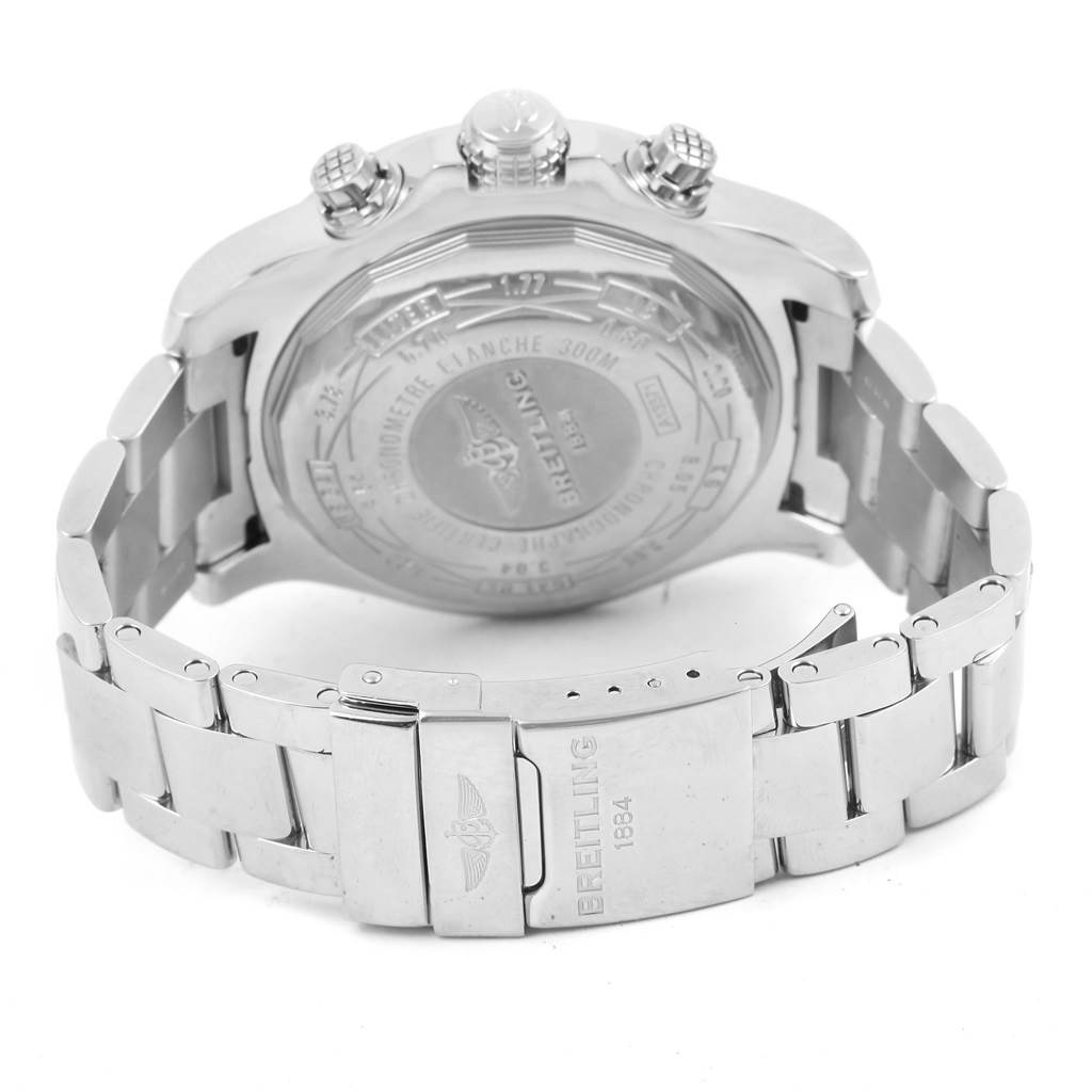 The image shows the back case and bracelet of a Breitling Avenger A13371 Men's Stainless Steel Blue Dial A13371 Men's Stainless Steel Blue Dial watch, highlighting the clasp and metal links.