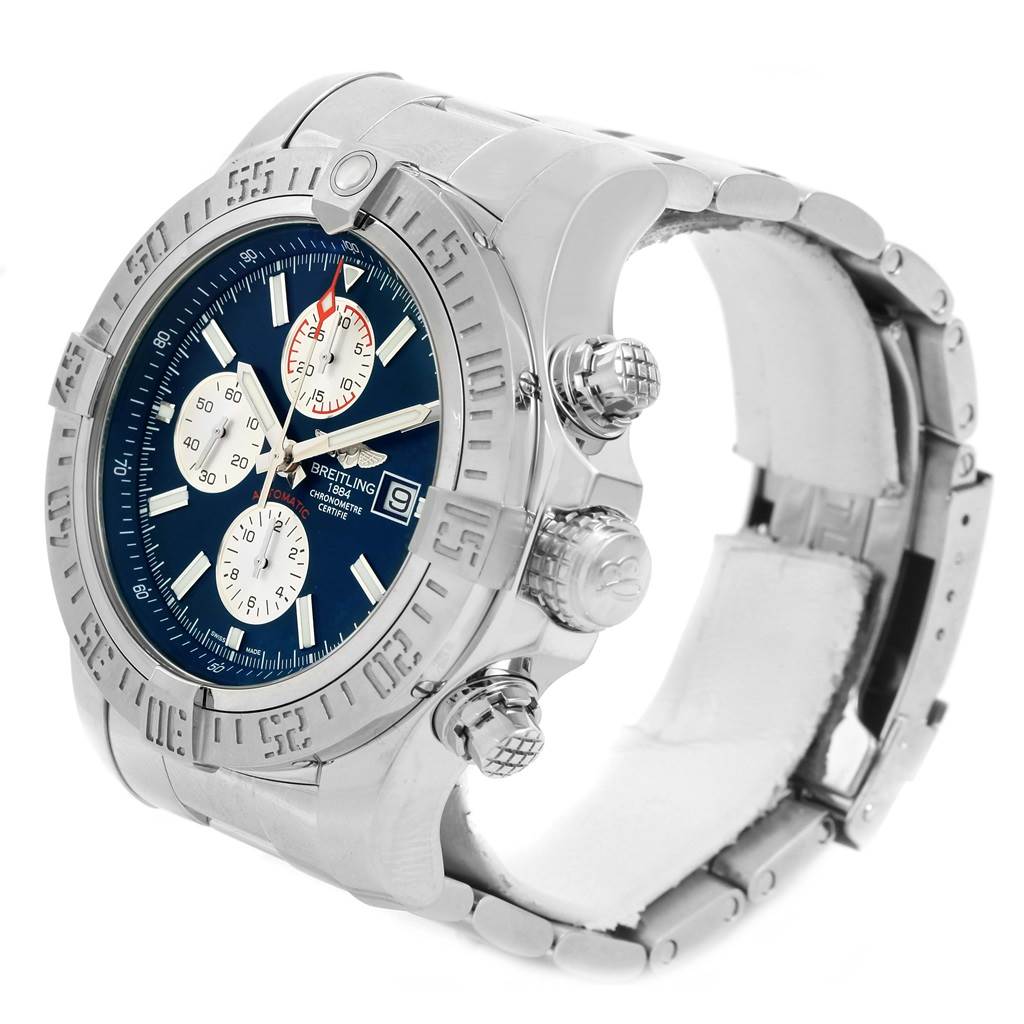 This Breitling Avenger A13371 Men's Stainless Steel Blue Dial A13371 Men's Stainless Steel Blue Dial watch is shown from a 3/4 angle, displaying the face, bezel, crown, and pushers.