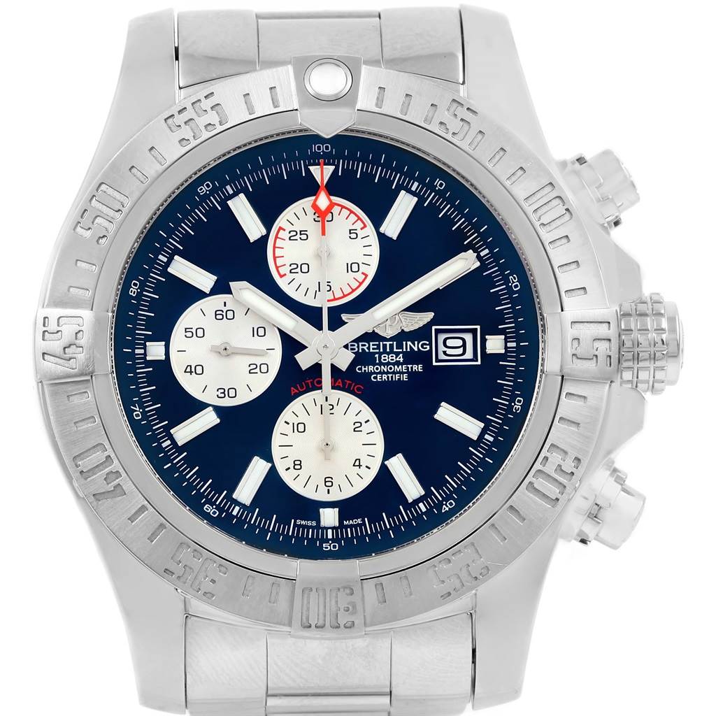 The image shows a Breitling Avenger A13371 Men's Stainless Steel Blue Dial A13371 Men's Stainless Steel Blue Dial watch from a front angle, displaying its dial, bezel, crown, and chronograph pushers.
