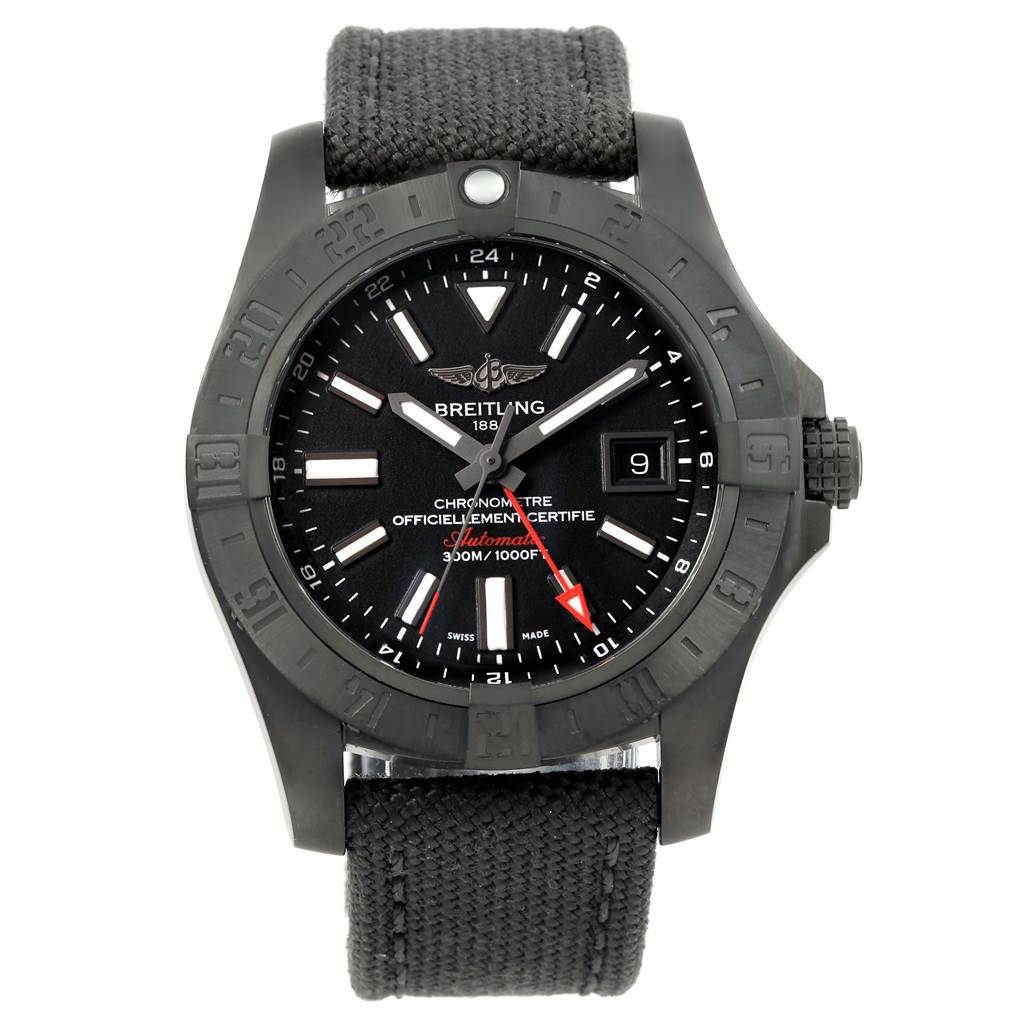 The image shows a front view of a Breitling Avenger M32390 Men's Stainless Steel Black Dial M32390 Men's Stainless Steel Black Dial watch, displaying the dial, bezel, hands, date window, and strap.
