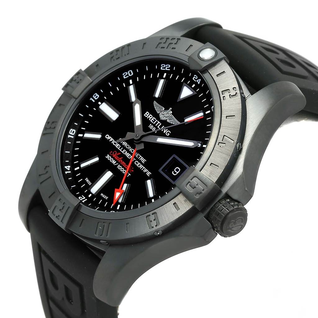 The image shows a side angle view of the Breitling Avenger M32390 Men's Stainless Steel Black Dial M32390 Men's Stainless Steel Black Dial watch, focusing on the dial, bezel, and crown.