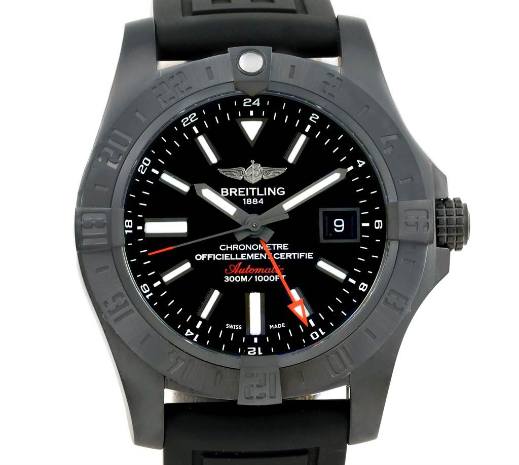 The image shows a front view of a Breitling Avenger M32390 Men's Stainless Steel Black Dial M32390 Men's Stainless Steel Black Dial watch, highlighting its dial, bezel, and rubber strap.