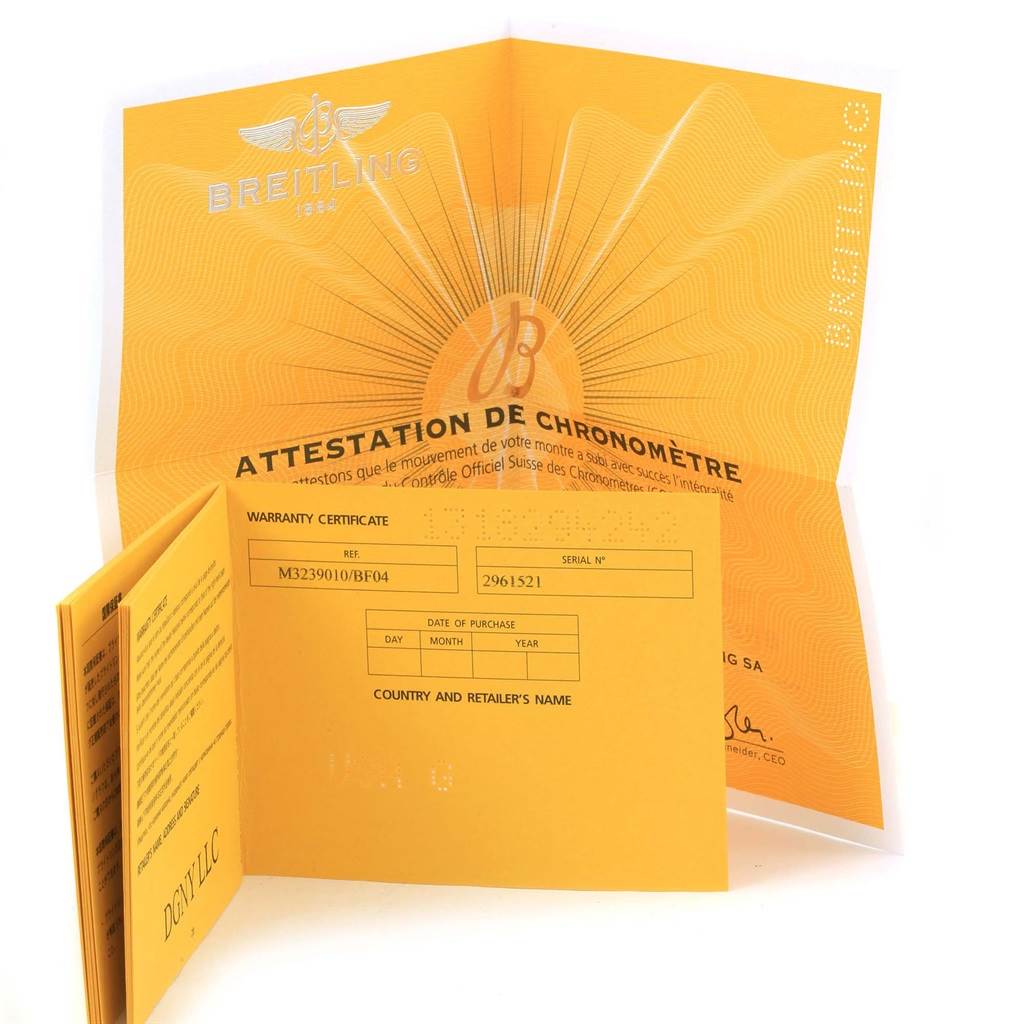 The image shows warranty and chronometer certification documents for a Breitling Avenger M32390 Men's Stainless Steel Black Dial M32390 Men's Stainless Steel Black Dial watch.