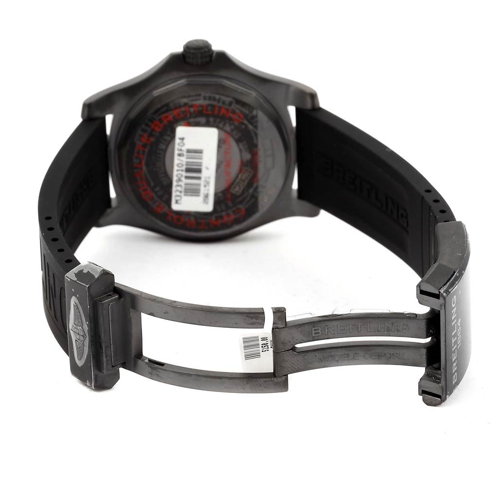 The image shows the backside and strap of a Breitling Avenger M32390 Men's Stainless Steel Black Dial M32390 Men's Stainless Steel Black Dial watch, highlighting the clasp and case back.