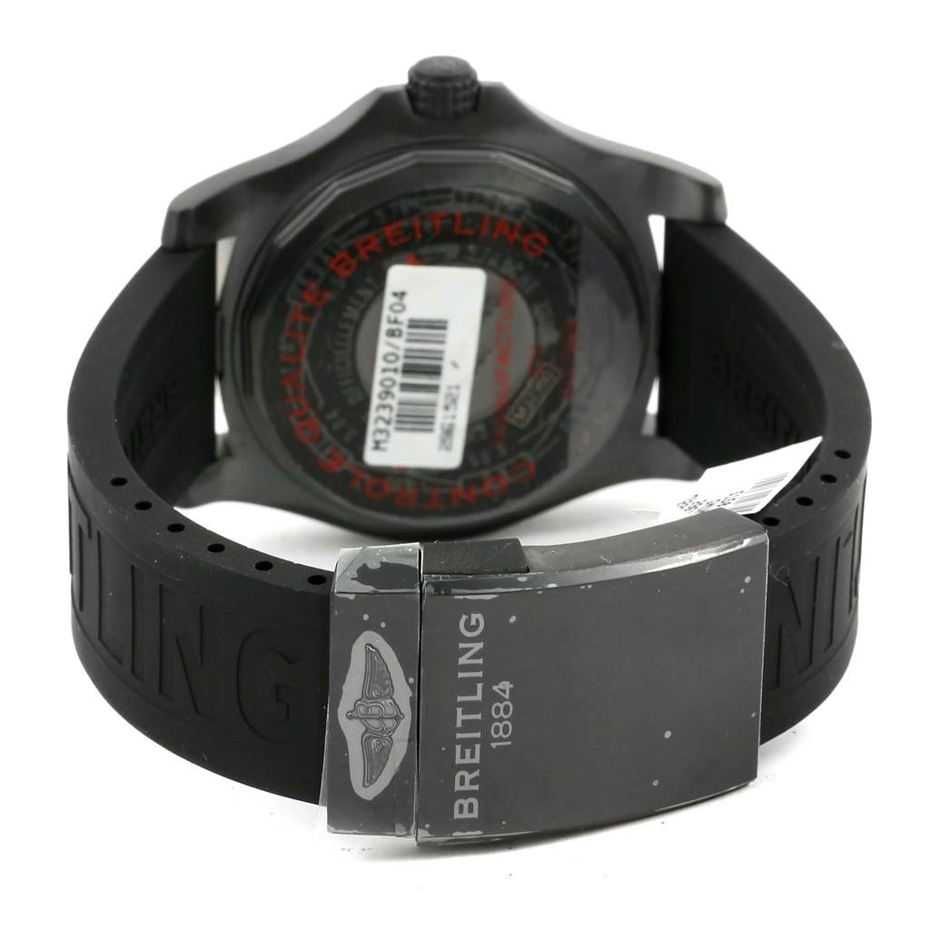 The image shows the back of a Breitling Avenger M32390 Men's Stainless Steel Black Dial M32390 Men's Stainless Steel Black Dial watch, displaying the case back, strap, and clasp.