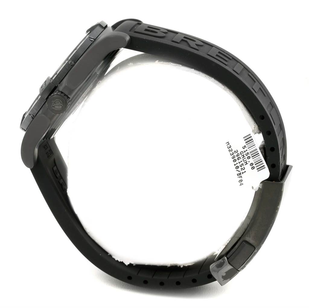 The image shows a side view of a Breitling Avenger M32390 Men's Stainless Steel Black Dial M32390 Men's Stainless Steel Black Dial watch, highlighting its black strap and side profile of the case.