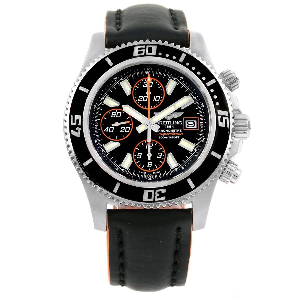 The Breitling Superocean A13341 Men's Stainless Steel Black Dial A13341 Men's Stainless Steel Black Dial watch is shown from the front, displaying the face, bezel, dial, subdials, and strap.