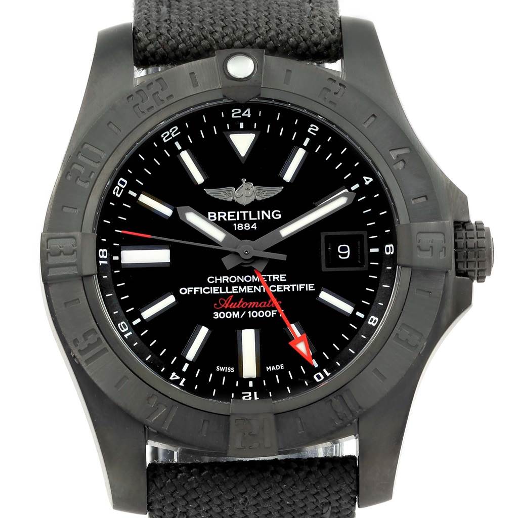 The image shows a close-up, front-facing view of the Breitling Avenger M32390 Men's Stainless Steel Black Dial M32390 Men's Stainless Steel Black Dial watch, displaying its dial, bezel, and part of its strap.